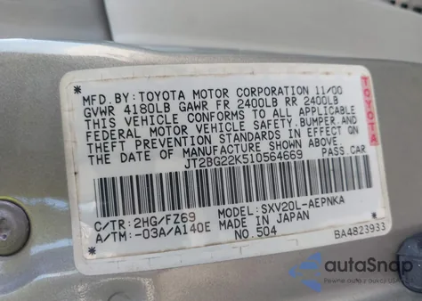 2001 Toyota Camry Le from USA, damaged, VIN JT2BG22K510564669